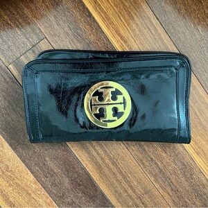 Tory Burch Black Patent Clutch with Gold Emblem